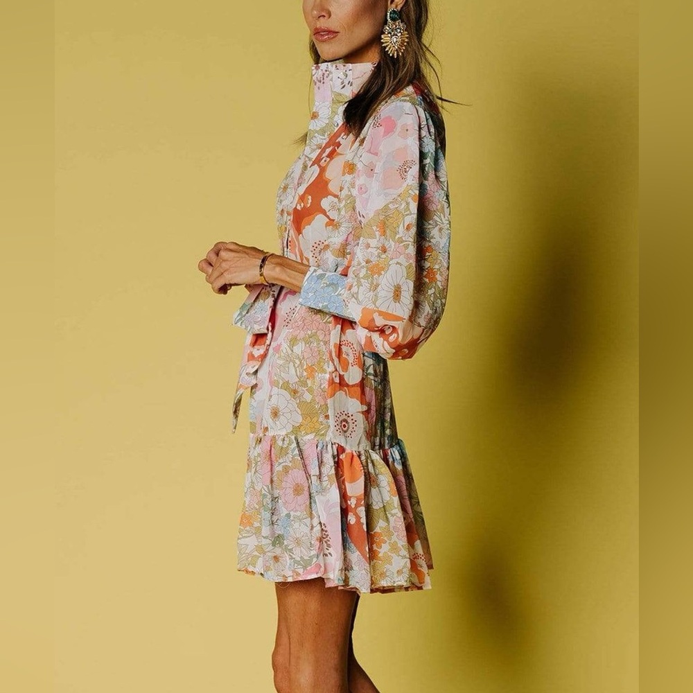 Pink Ripple Floral Garden Long Sleeve Shift mini Dress Size Small - Picture 3 of 15